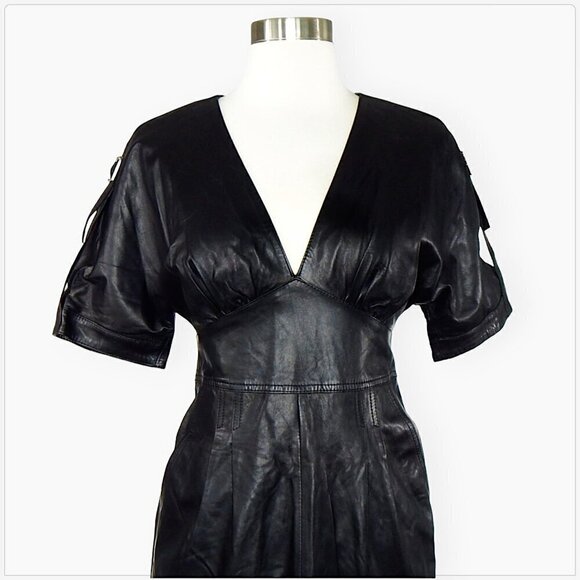 Hugo Boss 100% Leather Lambskin Black Empire Waist Buckles Pockets Dress XS - Picture 3 of 8